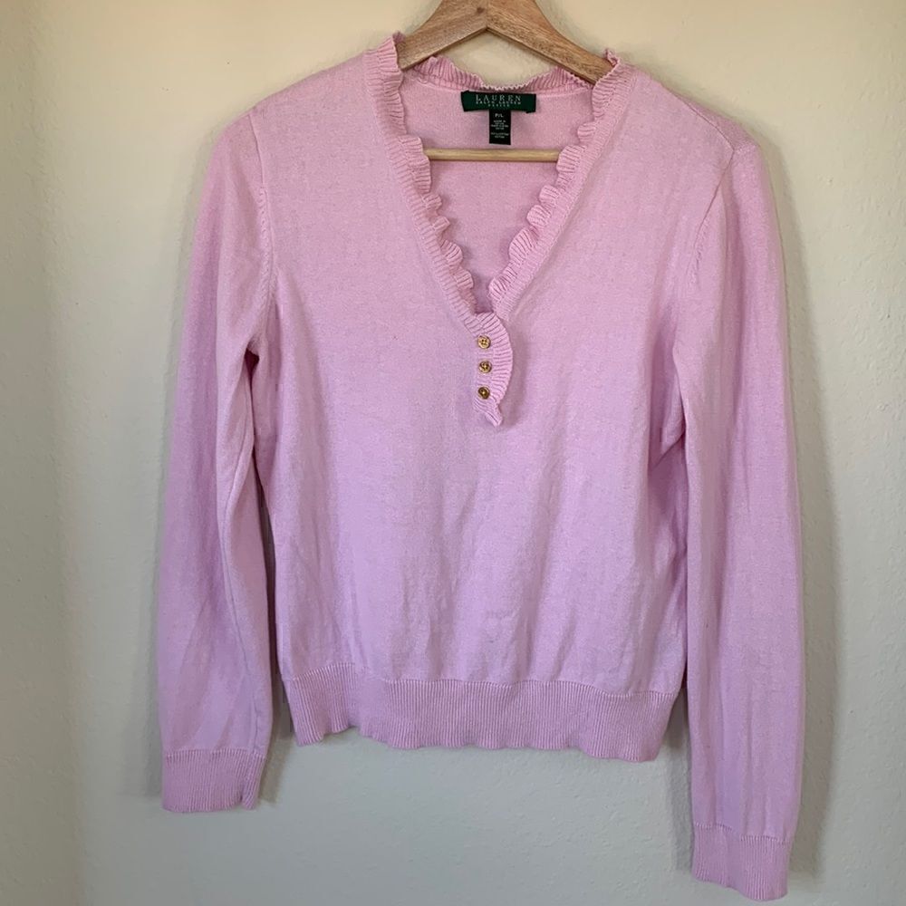 Lauren Ralph‎ Sweater Pastel Pink  100% Cotton Ruffle Womens Large Petite